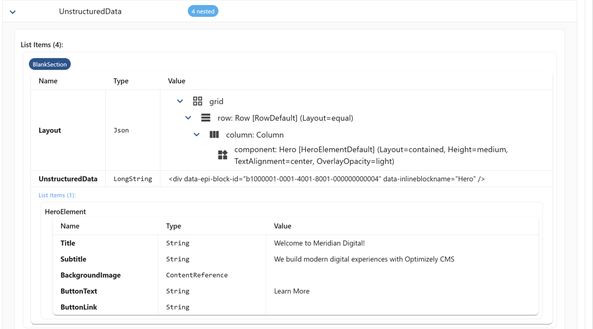 Drill into individual composition elements to inspect their properties and configuration, including nested data and element settings.