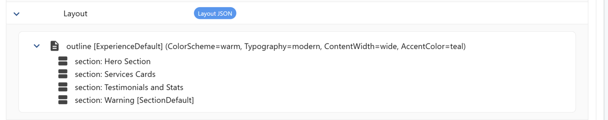 Layout structures from Visual Builder are presented as a readable hierarchy of sections and components, making it easier to understand how a page is composed.