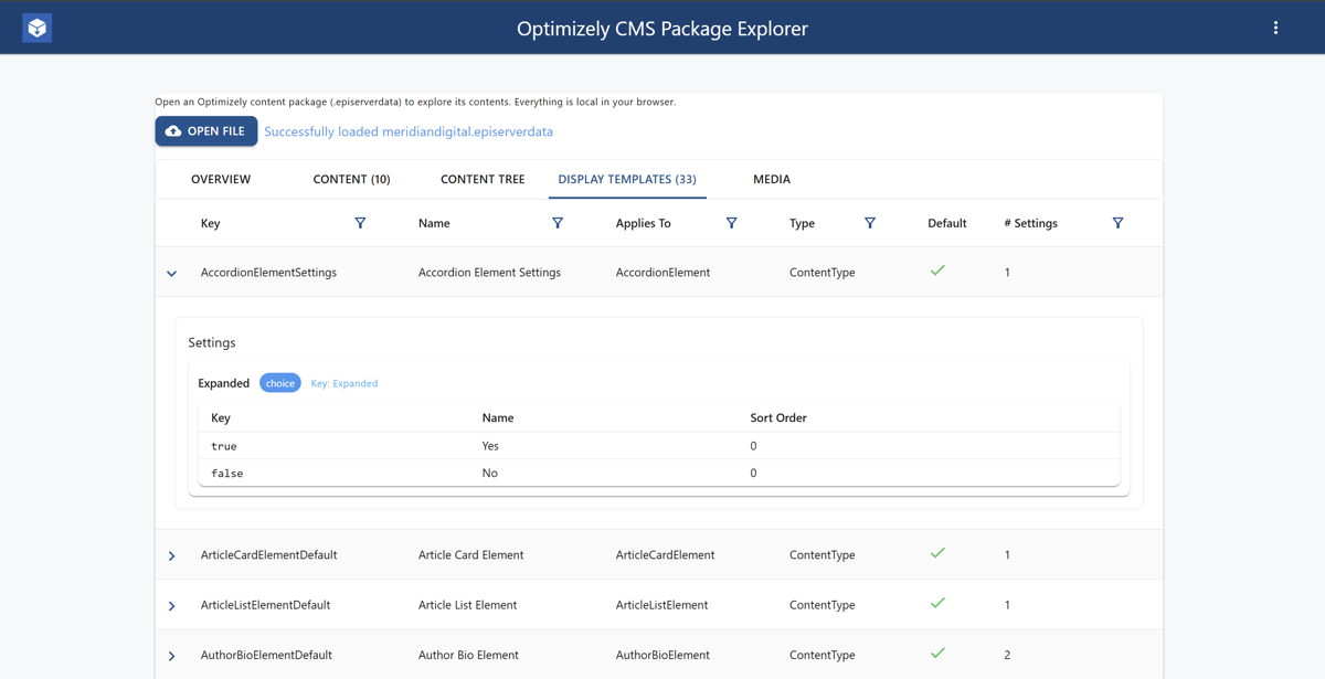 The updated Display Templates view provides a structured overview of template definitions, element settings, and their relationships.