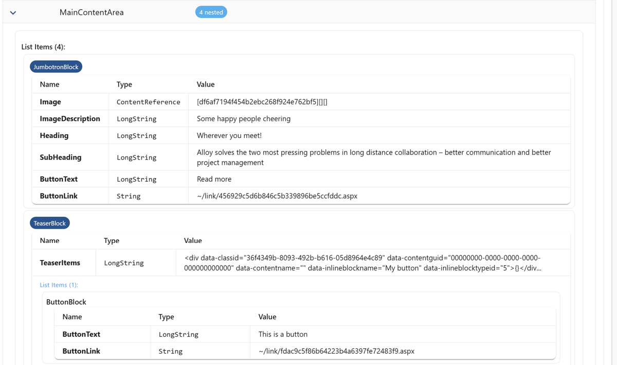 Inline blocks are now displayed as structured nested items inside the content area, making their hierarchy and relationships clear.