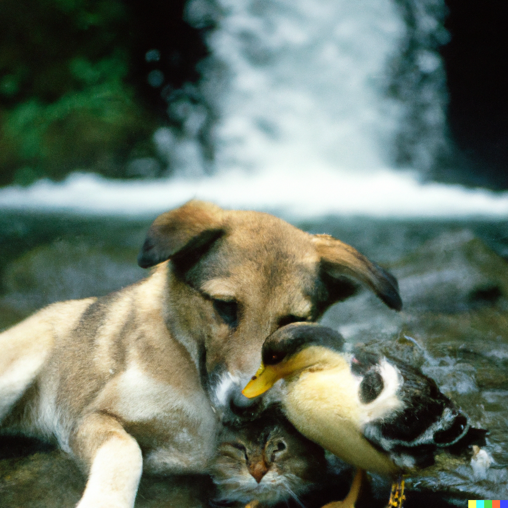 DALL·E 2022-08-01 10.19.34 - macro 35 mm film of a happy dog cuddling a kitten and a duck near a waterfall.png