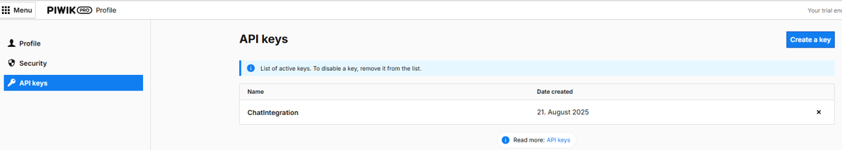 Screenshot: “Where to create API credentials” in Piwik PRO Admin
